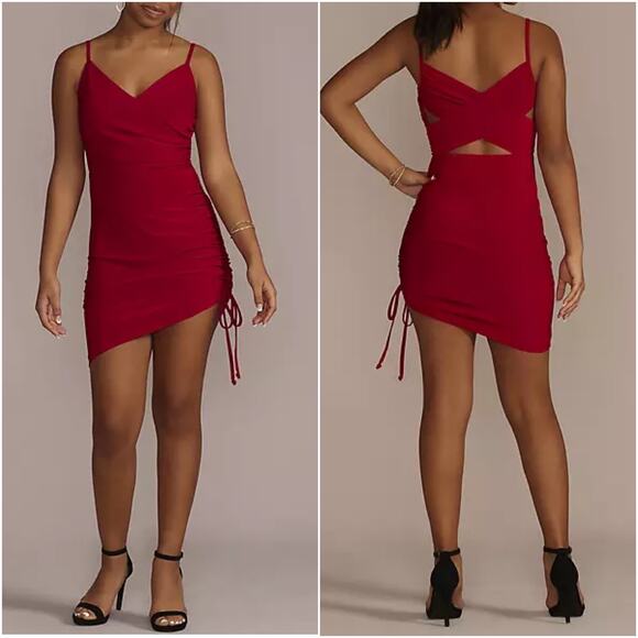 David's Bridal Morgan & Co Red Spaghetti Strap Mini Dress Bodycon Size 1 - Picture 1 of 10
